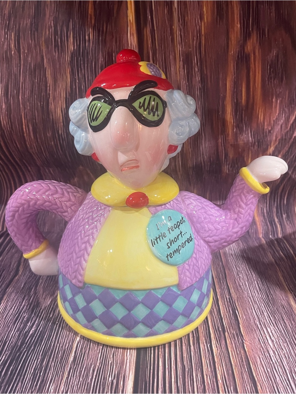 Vtg Novelty Multicolor Checkered Glazed Ceramic Teapot w/ Lid & Handle, 1 Cup